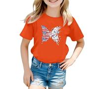 Girls Patriotic Short Sleeve T Shirt Independence Day Flag Print Tee Comfortable Casual Summer Top for Toddler Kids (B-Orange, 9-10 Years)