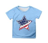 Girls Patriotic T-Shirt Independence Day USA Flag Print Short Sleeve Top for Kids Comfortable Summer Blouse Casual Holiday Party Outfit 3-13 Years (Sky Blue-c, 6-7 Years)