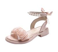 Girls Pearl Ankle Strap Sandals, Lo Heel Dress Shoes with Anti-Slip Sole, Princess Wedding/Part Dance Shoes for Toddler & Big Kid (Pink, 2.5 Big Kids)