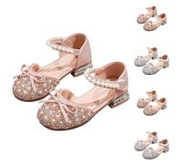 Girls Pearl Bowknot Princess Shoes UK Deals Glitter Party Low Heels Sandals for Teen Girls Mary Jane Ballet Dress Sandal with Adjustable Ankle Strap Children Fancy Dress Up Footwear for 3-12 Years