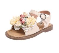 Girls Pearl Flower Sandals Kids Open Toe Beach Sandals Non Slip Rubber Flat Sole Slippers Adjustable Buckle Hawaii Shoes Aesthetic Elegant Casual Outdoor Shoes (Beige, 10 Little Child)
