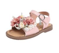 Girls Pearl Flower Sandals Kids Open Toe Beach Sandals Non Slip Rubber Flat Sole Slippers Adjustable Buckle Hawaii Shoes Aesthetic Elegant Casual Outdoor Shoes (Pink, 9 Little Child)