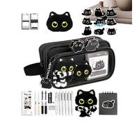 Girls Pencil Case - with Sticky Notes 10-Layer Black Cat | Large Capacity Pencil Bag Pen Pouch,for Stationery Markers School Supplies Teen Girls Boys Students Home Classroom