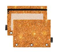 Girls Pencil Pouch 3 Ring Binder Zipper Binder Pencil Bag Pen Transparent School Clear Binders Pockets Orange Glitter 9.8" x 7.1", 2 Packs
