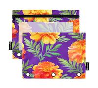 Girls Pencil Pouch for 3 Ring Binder Zipper Binder Pencil Bag Pen Pink School Clear Binders Pockets Marigold Flowers Orange Purple 9.8" x 7.1", 2 Packs
