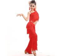 Girls Performance Dance Outfit Pure Color Strappy Jumpsuit with Fringe Stage Costume for Latin Tango Ballroom Practice Summer Wear (Red, 10-12 Years)