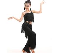Girls Performance Dance Outfit Pure Color Strappy Jumpsuit with Fringe Stage Costume for Latin Tango Ballroom Practice Summer Wear (Black, 5-6 Years)
