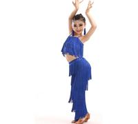 Girls Performance Dance Outfit Pure Color Strappy Jumpsuit with Fringe Stage Costume for Latin Tango Ballroom Practice Summer Wear (Blue, 13-14 Years)