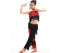 Girls Performance Outfit Pure Color Strappy Long Pants Fringe Dance Costume Set for Stage Show Summer Spring (Red, 3-4 Years)