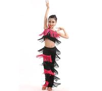 Girls Performance Outfit Pure Color Strappy Long Pants Fringe Dance Costume Set for Stage Show Summer Spring (5-6 Years) Hot Pink