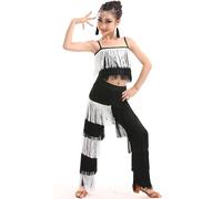 Girls Performance Outfit Pure Color Strappy Long Pants Fringe Dance Costume Set for Stage Show Summer Spring (White, 13-14 Years)