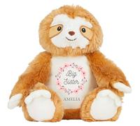 Girls Personalised Big Sister Brown Sloth Plush Cuddly Toy - Pink Floral Wreath Name New Sibling Keepsake Gift