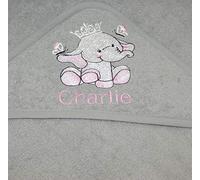 Girls Personalised Crown Elephant Hooded Bath Towel. (Grey)