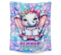 Girls Personalised Elephant Blanket - Custom Name Flannel Throw, Cute Soft Fleece Blanket for Sofa, Bed or Travel, for Kids & Toddlers