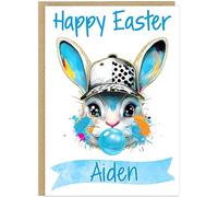 Girls Personalised Fun Retro Happy Easter Cards - Add Child's Name on Banner 10 Designs Cute Bunny Easter Egg Dabbing Rabbit Celebration Special A5 Gift Card (Design 1)
