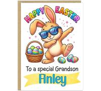 Girls Personalised Fun Retro Happy Easter Cards - Add Child's Name on Banner 10 Designs Cute Bunny Easter Egg Dabbing Rabbit Celebration Special A5 Gift Card (Design 9)