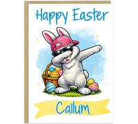 Girls Personalised Fun Retro Happy Easter Cards - Add Child's Name on Banner 10 Designs Cute Bunny Easter Egg Dabbing Rabbit Celebration Special A5 Gift Card (Design 2)