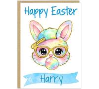 Girls Personalised Fun Retro Happy Easter Cards - Add Child's Name on Banner 10 Designs Cute Bunny Easter Egg Dabbing Rabbit Celebration Special A5 Gift Card (Design 6)