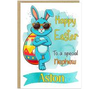 Girls Personalised Fun Retro Happy Easter Cards - Add Child's Name on Banner 10 Designs Cute Bunny Easter Egg Dabbing Rabbit Celebration Special A5 Gift Card (Design 8)