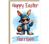 Girls Personalised Fun Retro Happy Easter Cards - Add Child's Name on Banner 10 Designs Cute Bunny Easter Egg Dabbing Rabbit Celebration Special A5 Gift Card (Design 7)