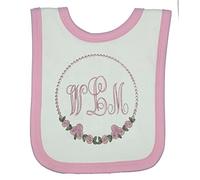 Girls Personalised Monogram Heirloom Rose Circle Bib. (White-Pink Trim)