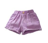 Girls' Personality Thin Denim Shorts - Loose Fit, Light Acid Wash, Raw Hem Tears, for Preteens (8-14), Summer Streetwear Purple