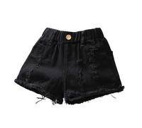Girls' Personality Thin Denim Shorts - Loose Fit, Light Acid Wash, Raw Hem Tears, for Preteens (8-14), Summer Streetwear Black