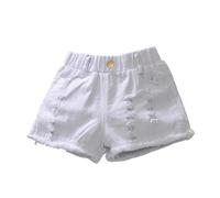 Girls' Personality Thin Denim Shorts - Loose Fit, Light Acid Wash with Graffiti-Style Fading, Raw Hem with Tears & Holes, for Preteens (8-14), Summer Streetwear Grunge#g White