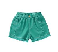Girls' Personality Thin Denim Shorts - Loose Fit, Light Acid Wash with Graffiti-Style Fading, Raw Hem with Tears & Holes, for Preteens (8-14), Summer Streetwear Grunge#g Green