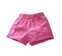 Girls' Personality Thin Denim Shorts - Loose Fit, Light Acid Wash with Graffiti-Style Fading, Raw Hem with Tears & Holes, for Preteens (8-14), Summer Streetwear Grunge#g Red
