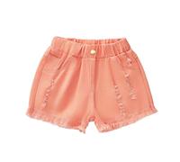 Girls' Personality Thin Denim Shorts - Loose Fit, Light Acid Wash with Graffiti-Style Fading, Raw Hem with Tears & Holes, for Preteens (8-14), Summer Streetwear Grunge#g Orange