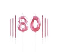 Girls Pink 80th Birthday Candle Set - Number 80 With Long Candles for Cake Topper Decorations - Women's Birthday Party Wedding