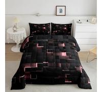 Girls Pink And Black Duvet Set Single,Neon Abstract Geometric Teen Girl Bedding Set,Glowing Plaid Check Kids Bed Duvet Set Stereoscopic Grid Square Quilt Duvet Reversible Black, Microfiber Soft