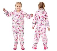 Girls Pink Cartoon Print Rain Suit Waterproof Puddle Jumpsuit with Castle, Pony and Heart Designs, Reflective Leg Bands for Safety, Adorable Rain Gear for Playground