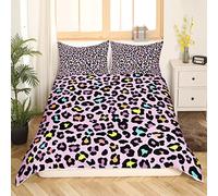 Girls Pink Comforter Cover Single Animal Print Duvet Cover For Kids Teens Colorful Leopard Cheetah Bedding Single Cute Rainbow Bedspread Cover Girly Cartoon Bedroom Decor 2Pcs With 1 Pillow Sham