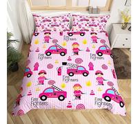 Girls Pink Fire Truck Bedding Set Single Firefighters Trucks Comforter Cover Set Cartoon Cartoon Firemen Rescue Car Vehicle Duvet Cover for Kids Car Theme Room Decor Rose Pink Stripes Bed Set 2 Pcs