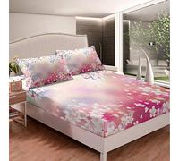 Girls Pink Flowers Pattern Bedding Set Cherry Blossoms Decor Bed Sheet Set for Kids Women Botanical Floral Bed Sheets Tree Botanical Branches Fitted Sheet Bedroom Collection 2Pcs Single Size