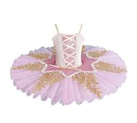 Girls' Pink Sequin Ballet Tutu Dress Gold Lace Embroidery Professional Pancake Tutu for Ballet Competitions & Recitals,150