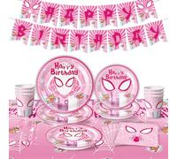 Girls Pink Spider Birthday Party Decor Tableware Set, Girls Princess Kids Baby Shower Party Supplies Decoration with Happy Birthday Banner Paper Plates Cups Napkins Tablecloths For 10 Guests