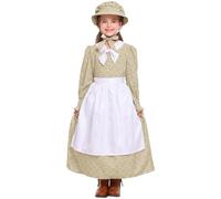 Girls Pioneer Prairie Costume Halloween Cosplay Dress Kids Floral Colonial Village Costumes Teen Girl Pioneer Dress Outfits with Apron (Yellow #6, 5-6 Years)