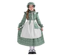 Girls Pioneer Prairie Costume Halloween Cosplay Dress Kids Floral Colonial Village Costumes Teen Girl Pioneer Dress Outfits with Apron (Green #4, 13-14 Years)