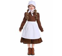 Girls Pioneer Prairie Costume Halloween Cosplay Dress Kids Floral Colonial Village Costumes Teen Girl Pioneer Dress Outfits with Apron (Coffee #5, 7-8 Years)