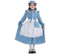 Girls Pioneer Prairie Costume Halloween Cosplay Dress Kids Floral Colonial Village Costumes Teen Girl Pioneer Dress Outfits with Apron (Blue #4, 9-10 Years)