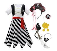 Girls Pirate Costume Set with Dress, Hat, Sword, Eye Patch and Accessories, Black and Red Striped (color1, 4-5 Years)