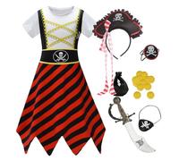 Girls Pirate Costume Set with Dress, Hat, Sword, Eye Patch and Accessories, Black and Red Striped (color2, 4-5 Years)