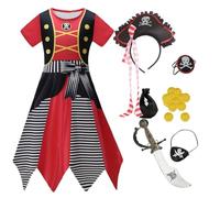 Girls Pirate Costume Set with Dress, Hat, Sword, Eye Patch and Accessories, Black and Red Striped (color3, 4-5 Years)