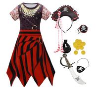 Girls Pirate Costume Set with Dress, Hat, Sword, Eye Patch and Accessories, Black and Red Striped (color4, 5-6 Years)