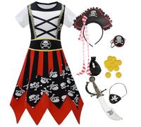 Girls Pirate Costume Set with Dress, Hat, Sword, Eye Patch and Accessories, Black and Red Striped (color5, 9-10 Years)