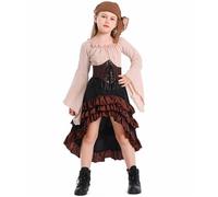 Girl's Pirate Halloween Costume with Bell Sleeves and Asymmetrical Hem | 4-Piece Pirate Costume Top + Skirt + Scarf + Belt for Halloween Carnival Party Festival and Theme Night