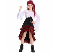 Girl's Pirate Halloween Costume with Bell Sleeves and Asymmetrical Hem | 4-Piece Pirate Costume Top + Skirt + Scarf + Belt for Halloween Carnival Party Festival and Theme Night